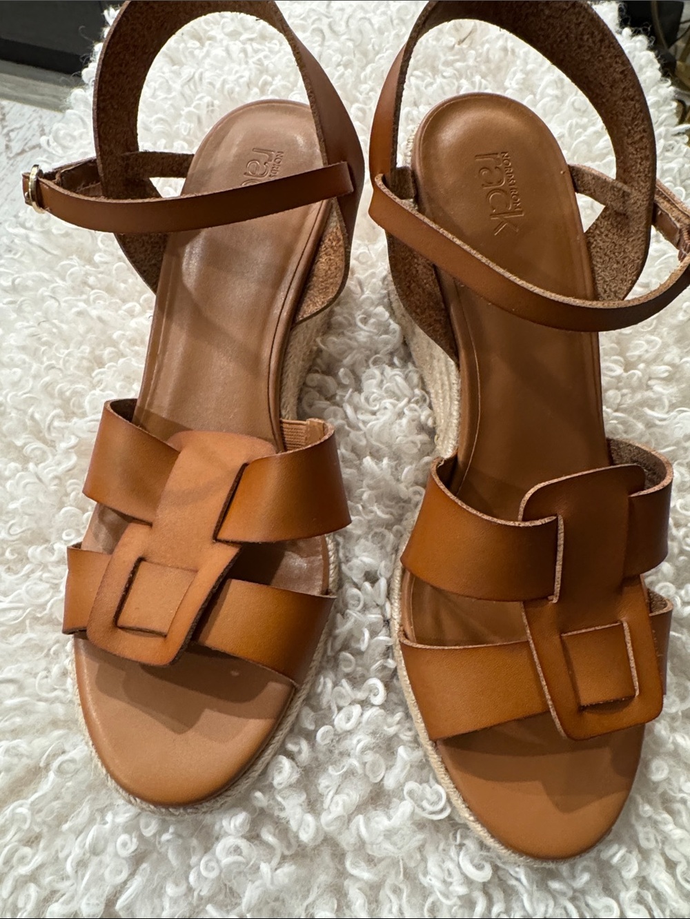 Womens Tan Wedge Sandals with Buckle Strap